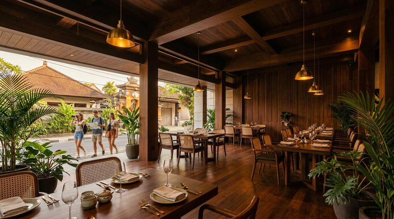 Open-air restaurant overlooking Ubud rice terraces at sunset