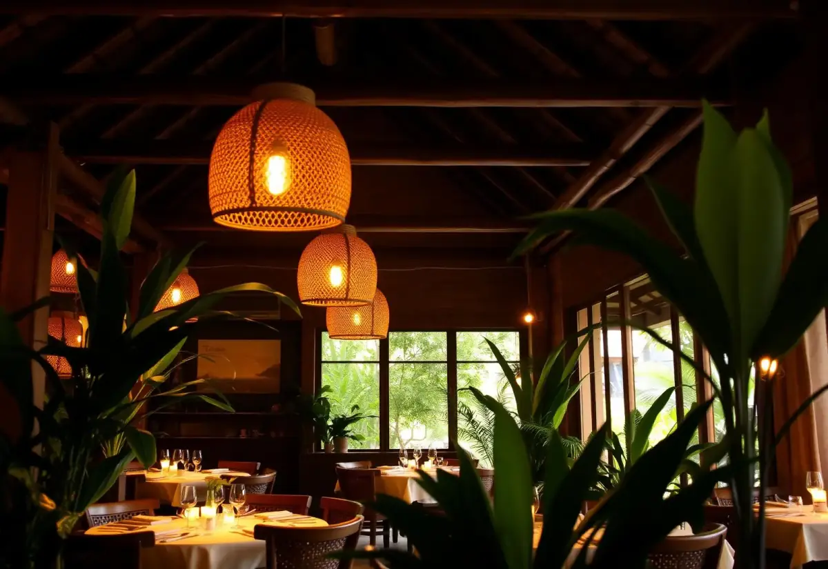 Warm intimate restaurant interior with rattan lanterns
